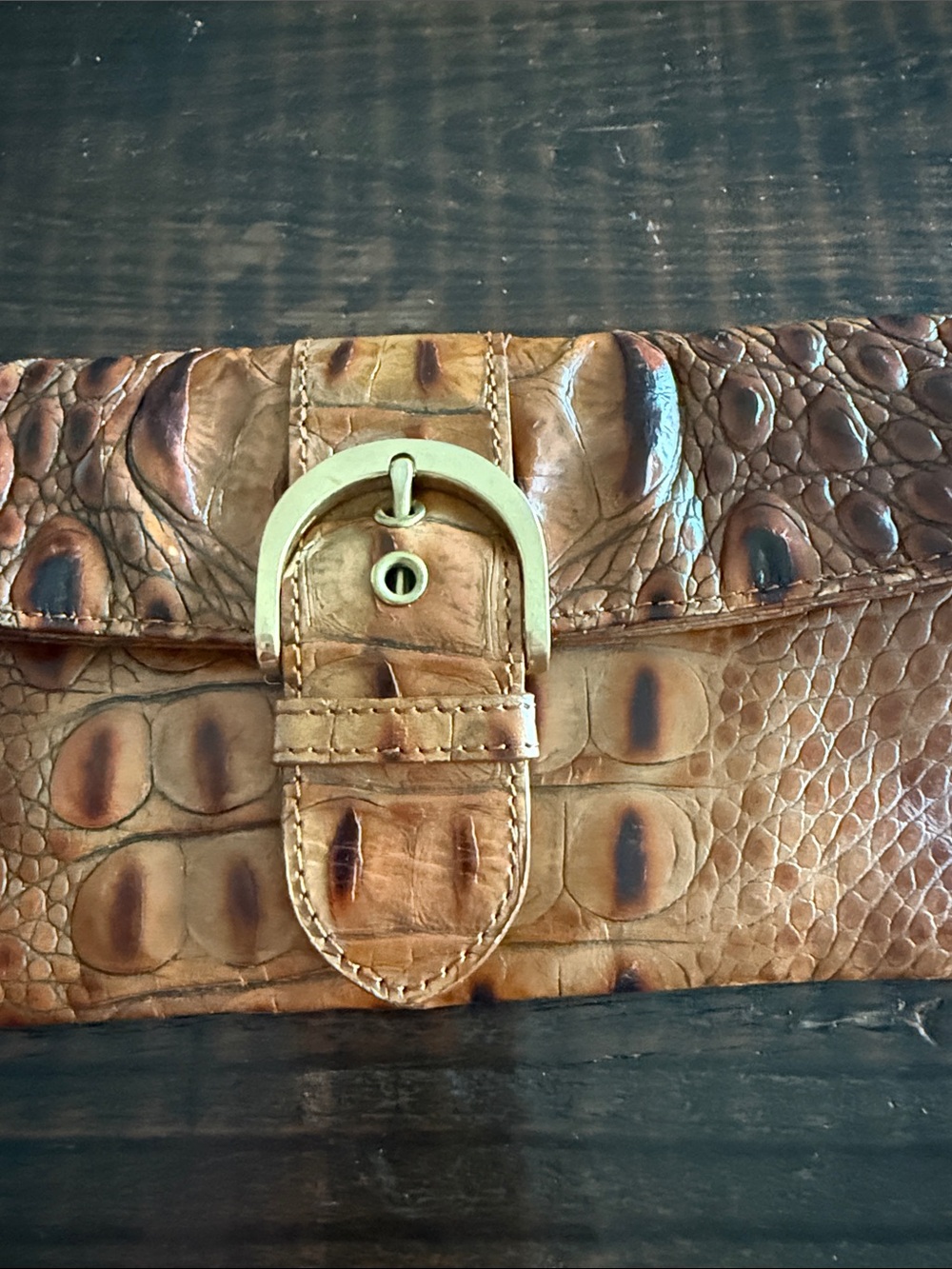 Brahmin Brown Croc-Embossed Leather Wristlet with Gold Buckle